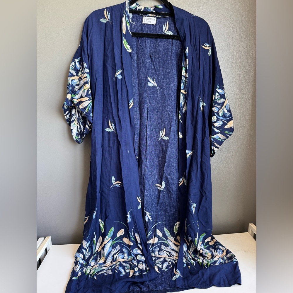 Summer & Rose Blue Kimono with Feather Design